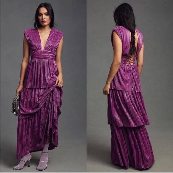 Sabina Musayev Judith Gown V-Neck Pleated Lace-Up Backless Tiered Maxi Dress - Picture 4 of 16